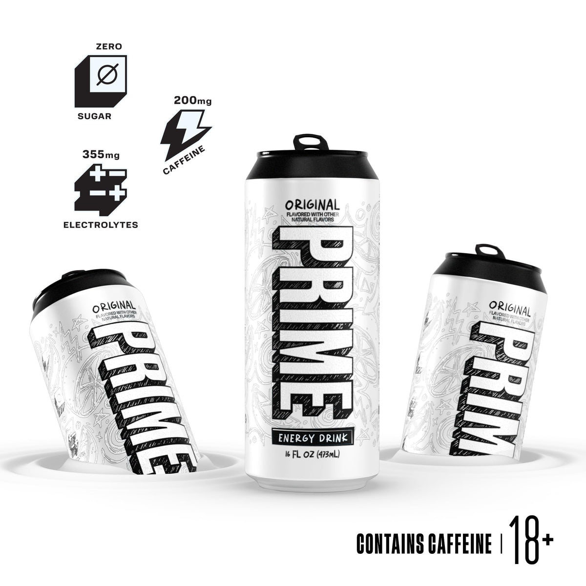 PRIME Energy Original can close-up detailing 200mg caffeine per can
