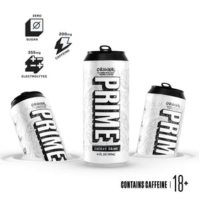 PRIME Energy Original can close-up detailing 200mg caffeine per can