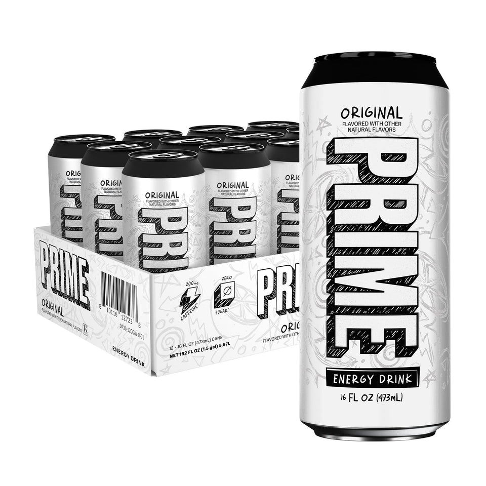 PRIME Energy Original can front view showing zero sugar and caffeine boost