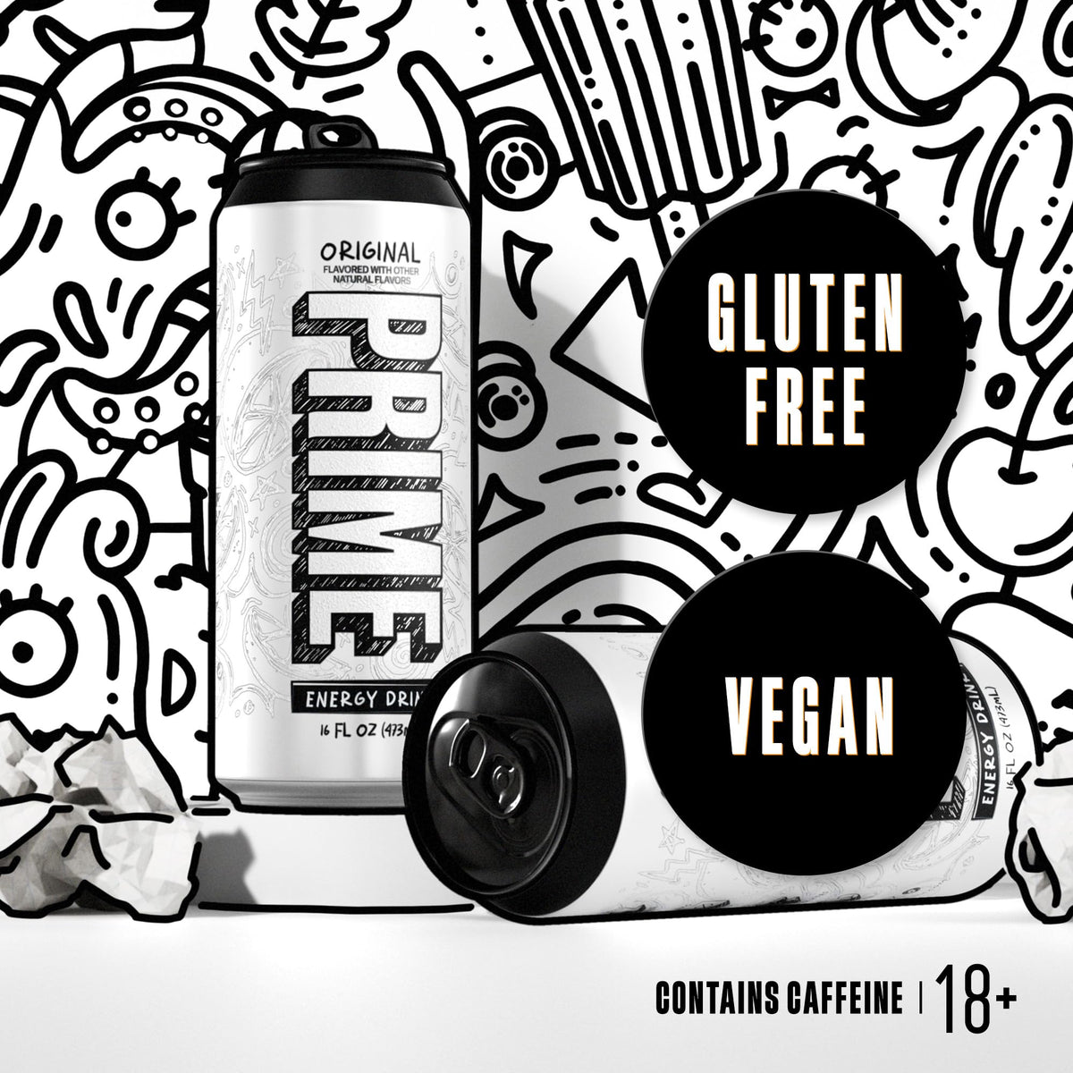 PRIME Energy Original can label graphic noting gluten-free and vegan credentials
