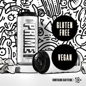 PRIME Energy Original can label graphic noting gluten-free and vegan credentials