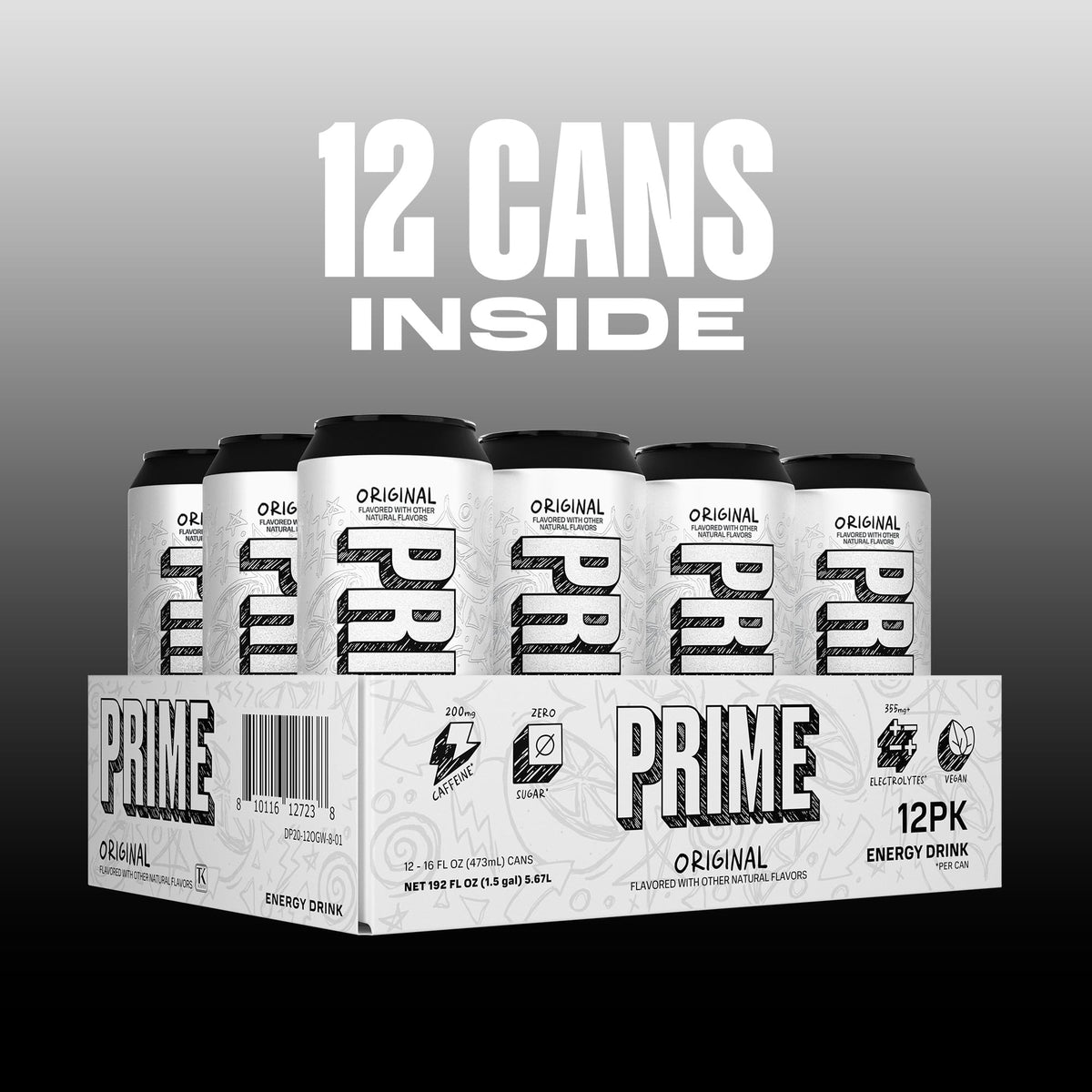 PRIME Energy Original 12-pack packaging displayed for on-the-go hydration