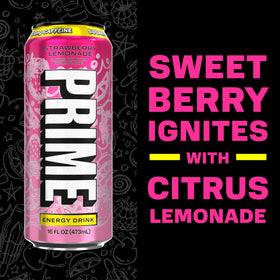 PRIME Energy Strawberry Lemonade can back displays nutrition and caffeine details.