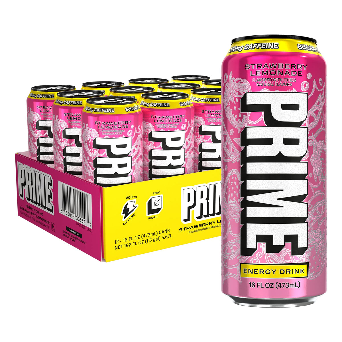PRIME Energy Strawberry Lemonade can front with bold color and zero sugar for clean energy.