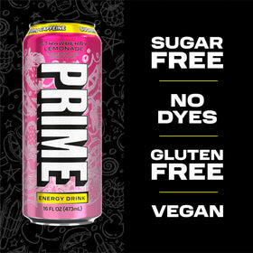 A chilled PRIME Energy Strawberry Lemonade glass pour showing refreshing color and flavor.