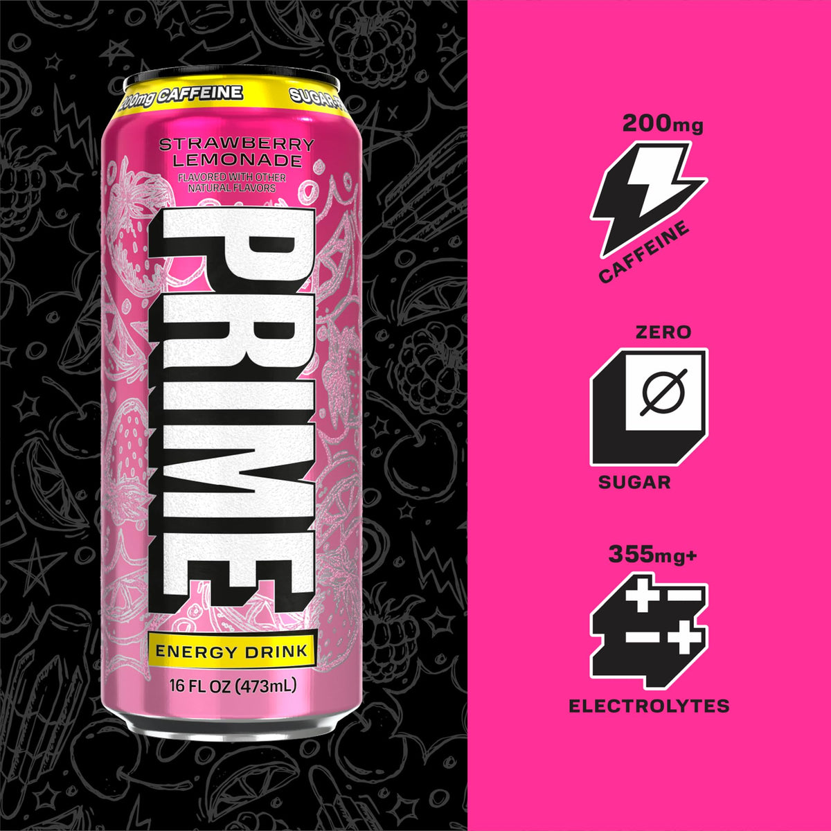 Closeup of PRIME Energy Strawberry Lemonade label highlighting key ingredients.