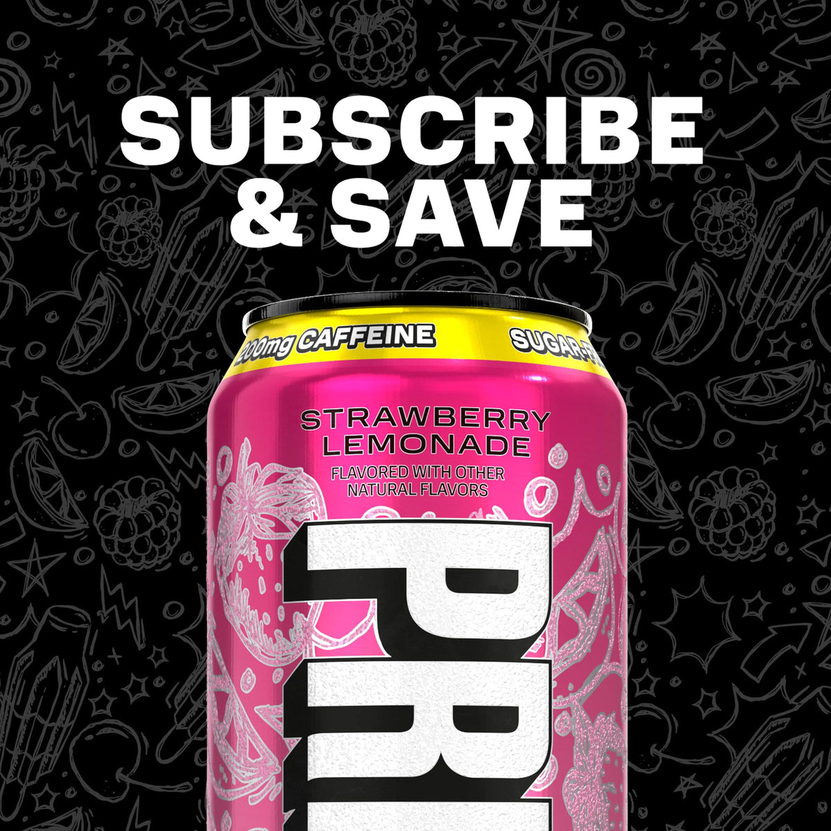 Nutrition panel closeup of PRIME Energy Strawberry Lemonade highlighting zero sugar and calories.