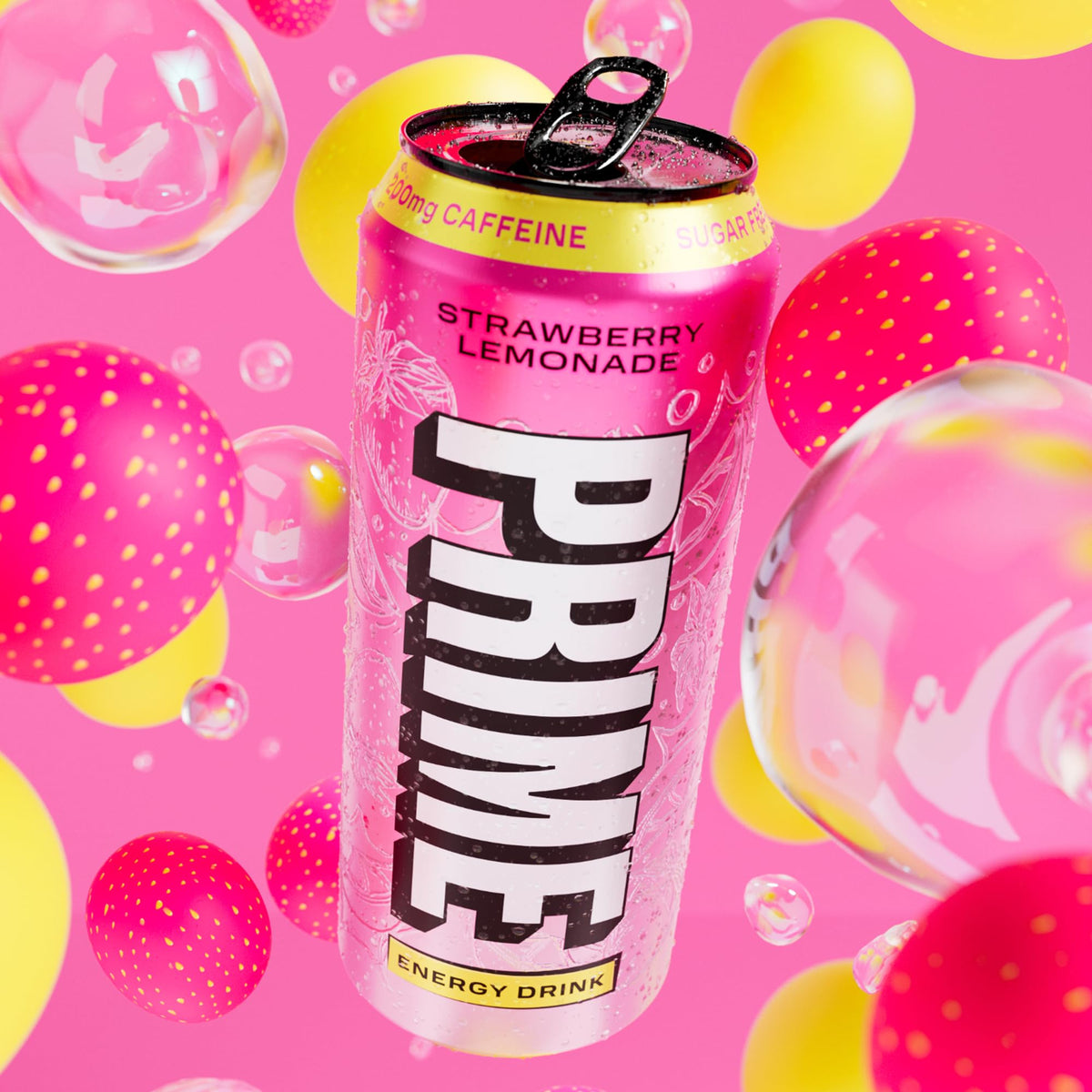 Stack of PRIME Energy Strawberry Lemonade cans in a family pack display.