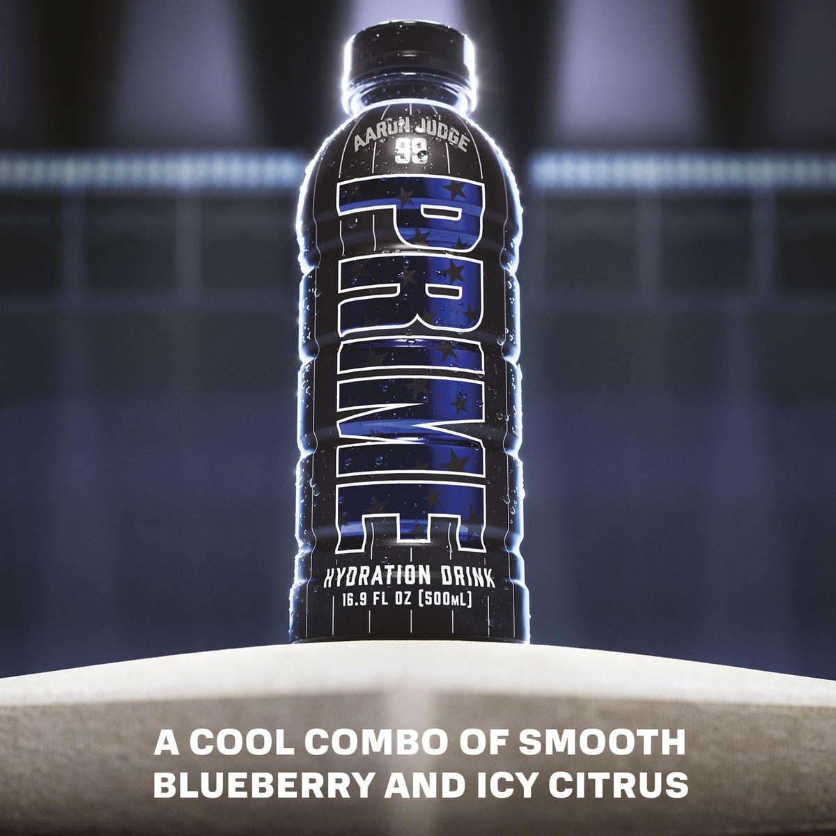 PRIME Hydration Aaron Judge bottle side highlights electrolytes and BCAAs for recovery.