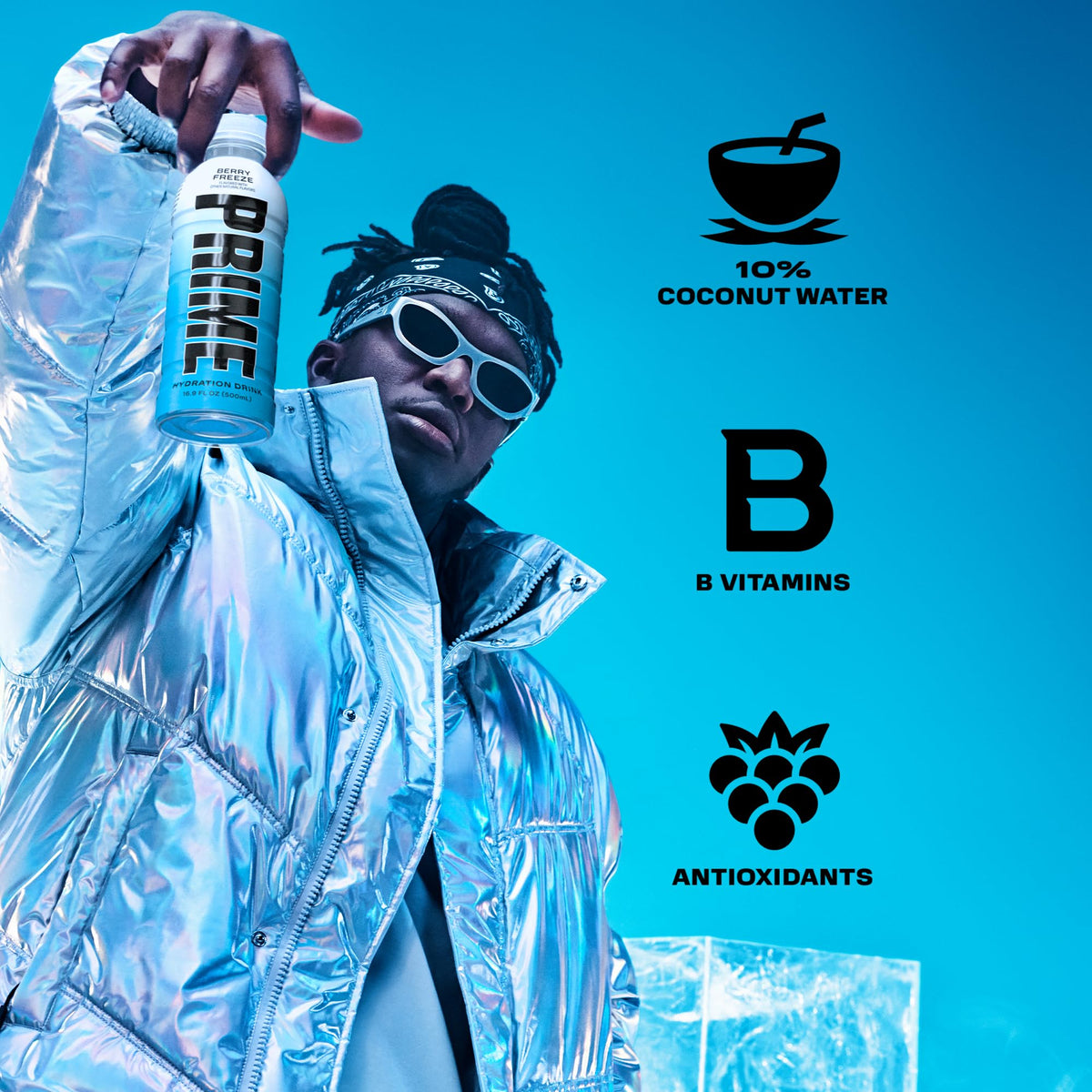 PRIME Hydration Berry Freeze closeup emphasizing BCAAs and antioxidants.