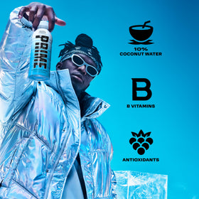 PRIME Hydration Berry Freeze closeup emphasizing BCAAs and antioxidants.