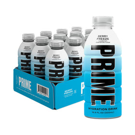 PRIME Hydration Berry Freeze bottle front with zero added sugar and low calories.