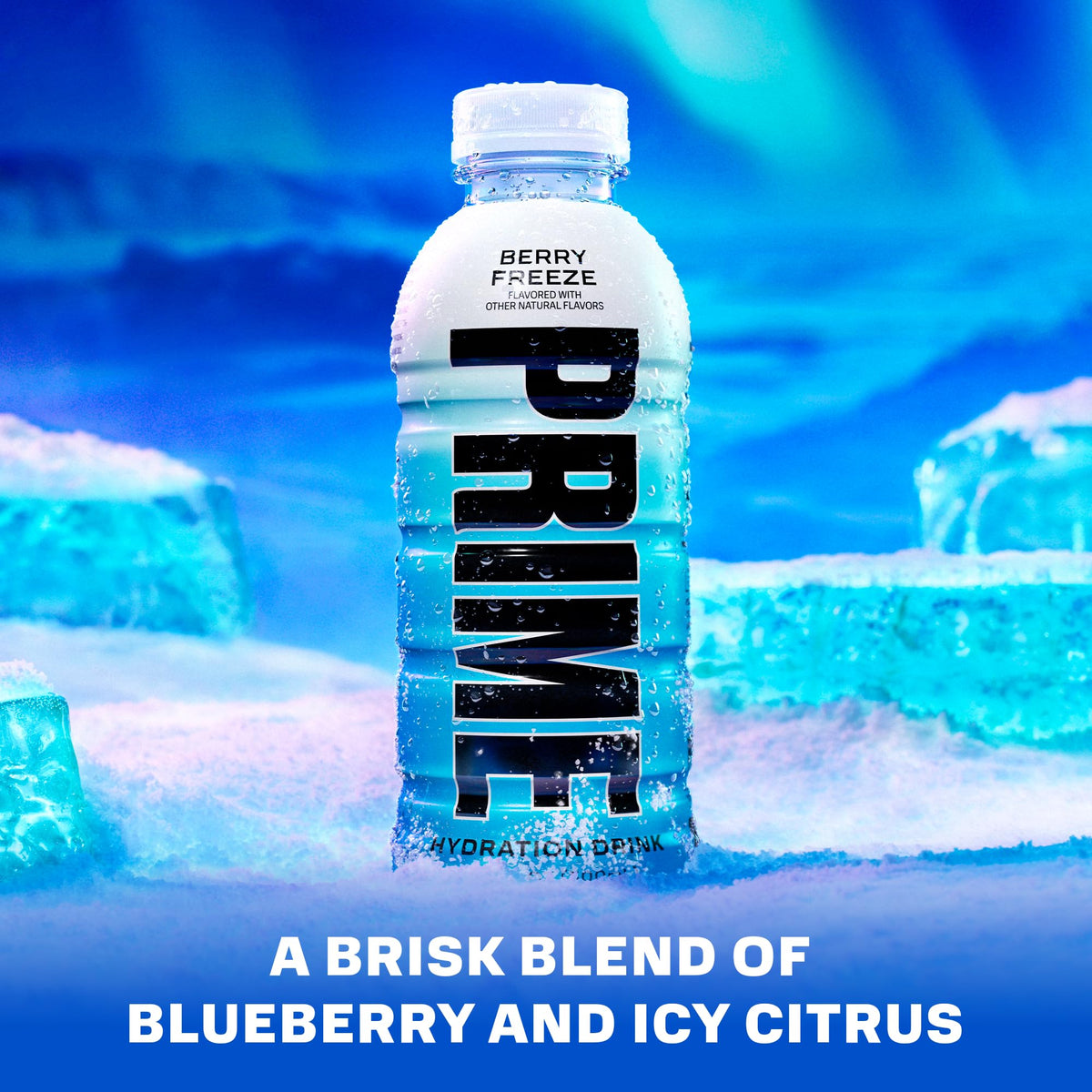 PRIME Hydration Berry Freeze bottle side highlighting electrolytes and coconut water.