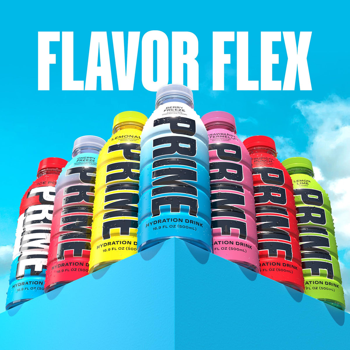 PRIME Hydration Berry Freeze glass with bottle conveys refreshing, caffeine-free hydration.