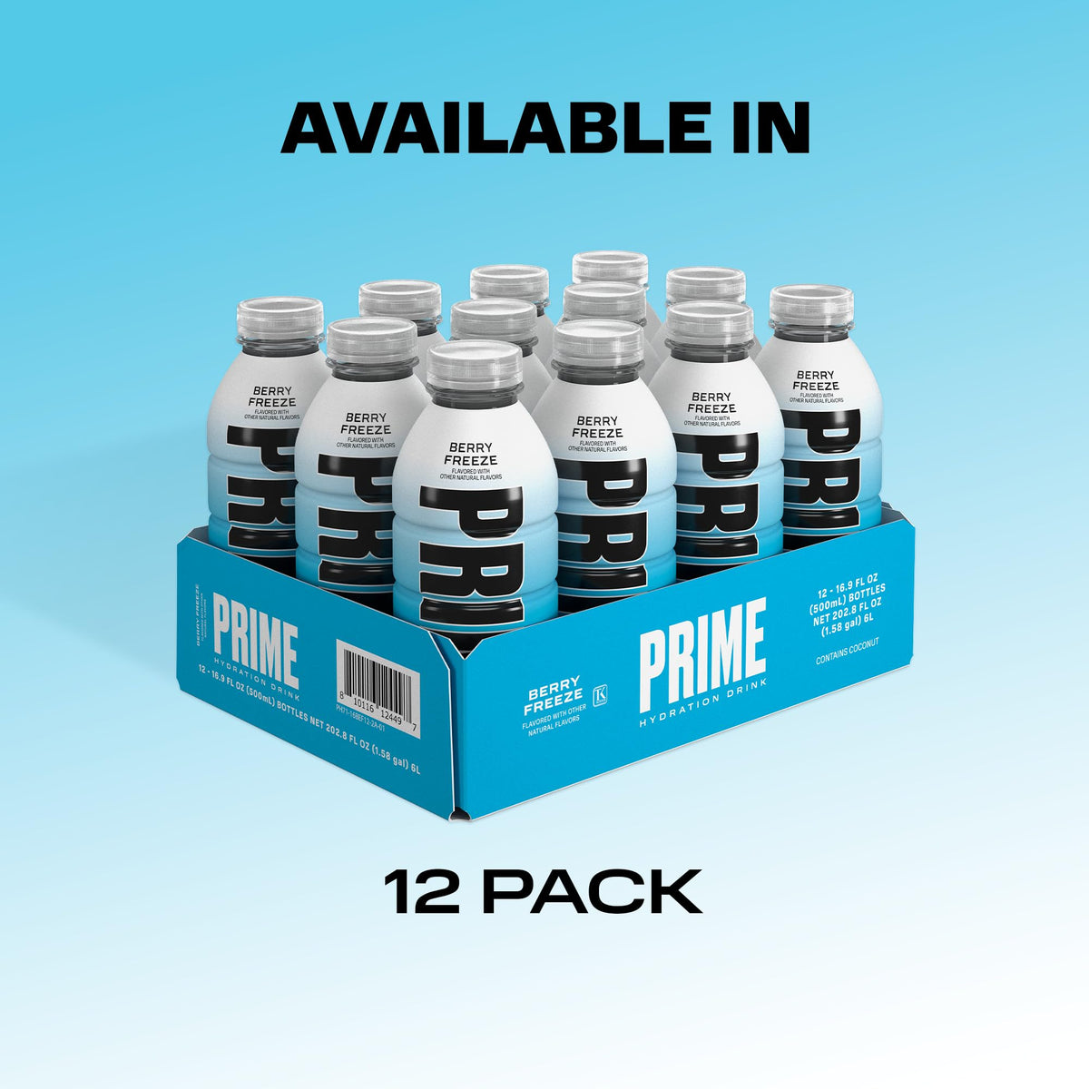 PRIME Hydration Berry Freeze pack shot highlights a 12-pack option.