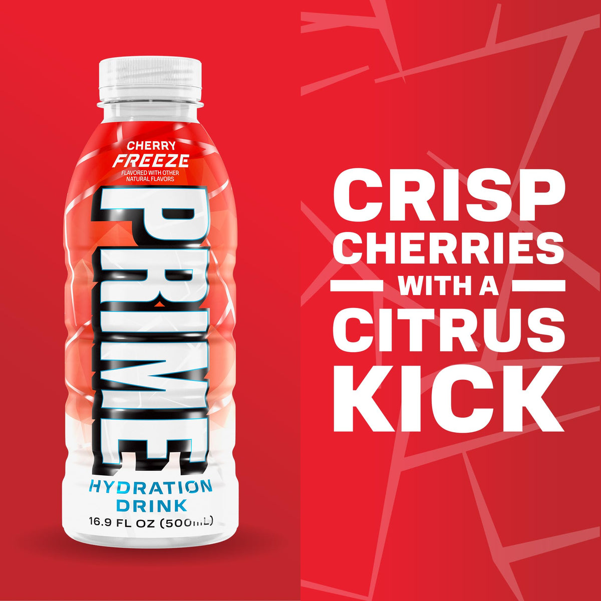 Prime Hydration Cherry Freeze bottle close-up with icy color and bold flavor.