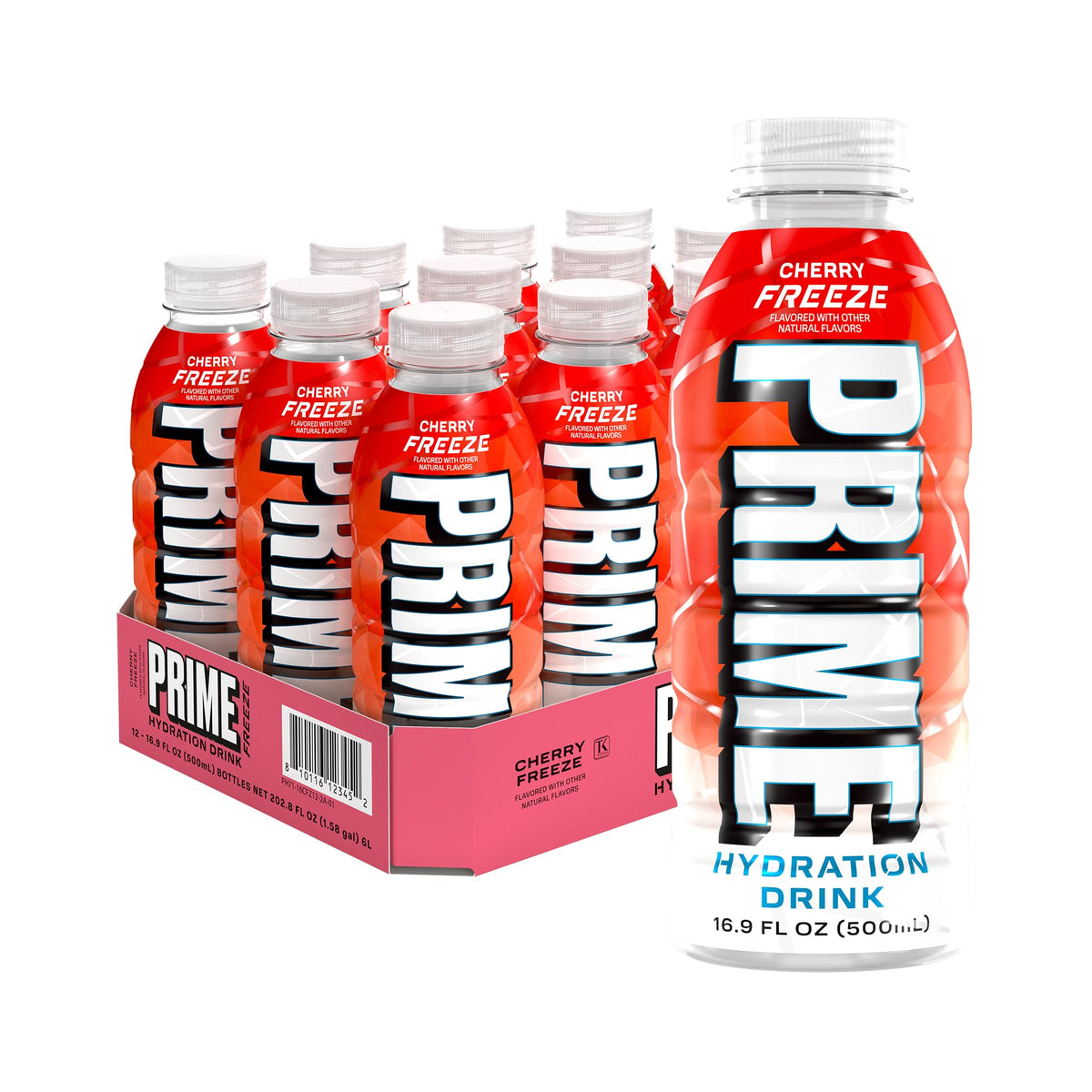 Prime Hydration Cherry Freeze bottle pouring for quick post-workout refreshment.