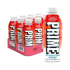 Prime Hydration Cherry Freeze bottle pouring for quick post-workout refreshment.