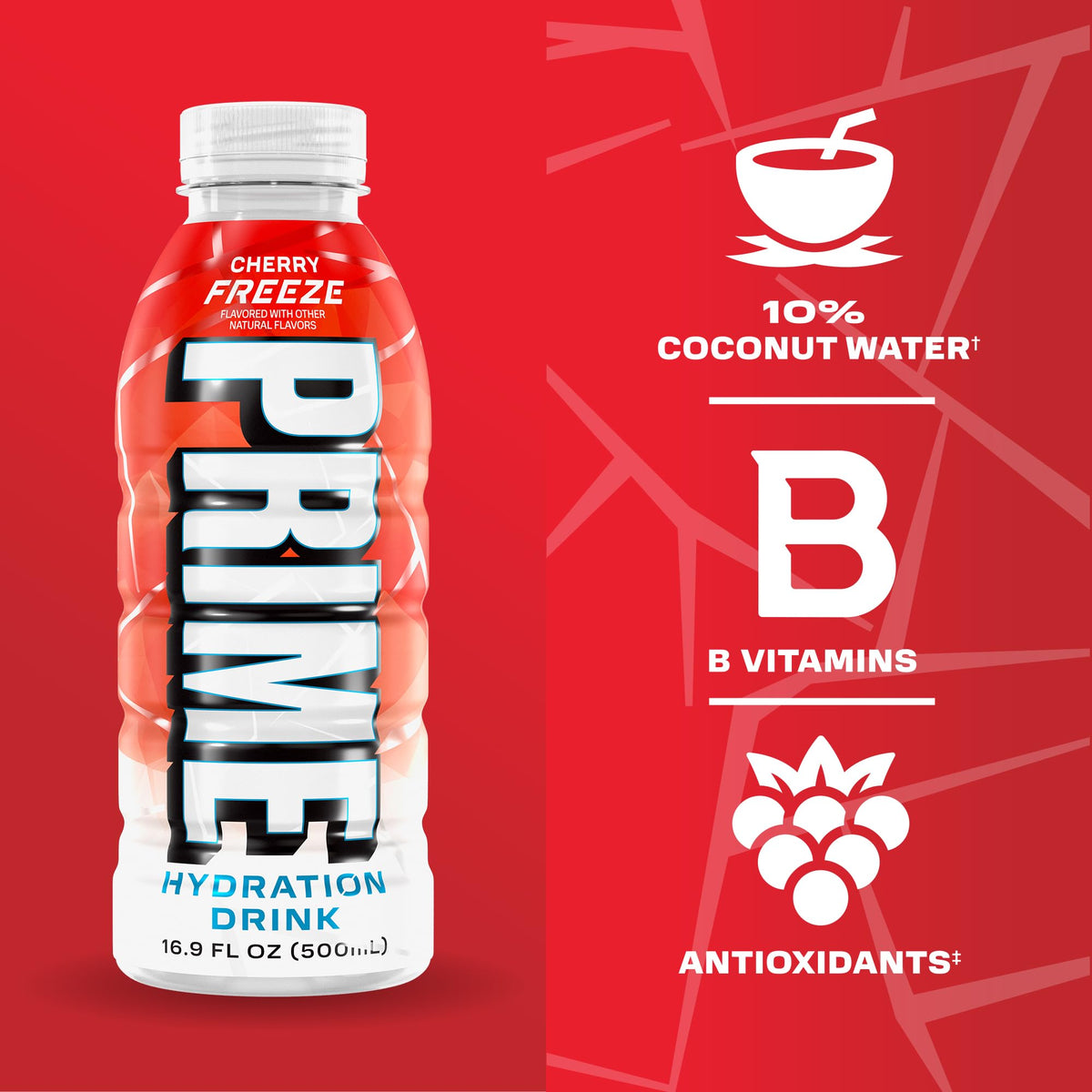Prime Hydration Cherry Freeze glass ready to drink with crisp flavor.