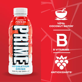 Prime Hydration Cherry Freeze glass ready to drink with crisp flavor.