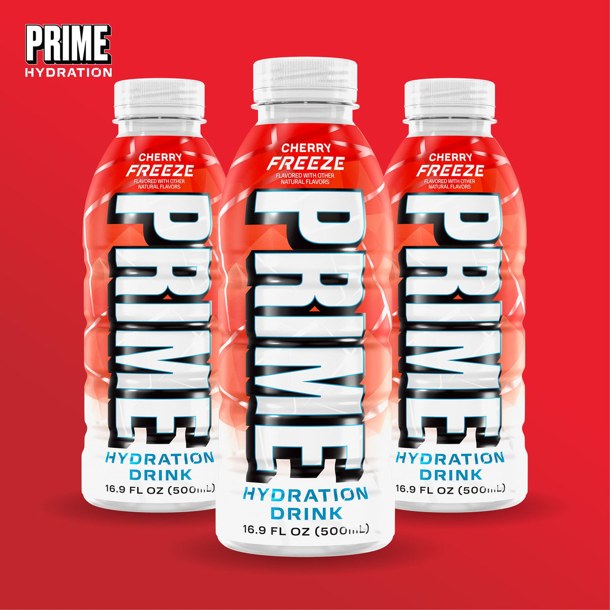 Prime Hydration Cherry Freeze hero shot emphasizes zero added sugar.
