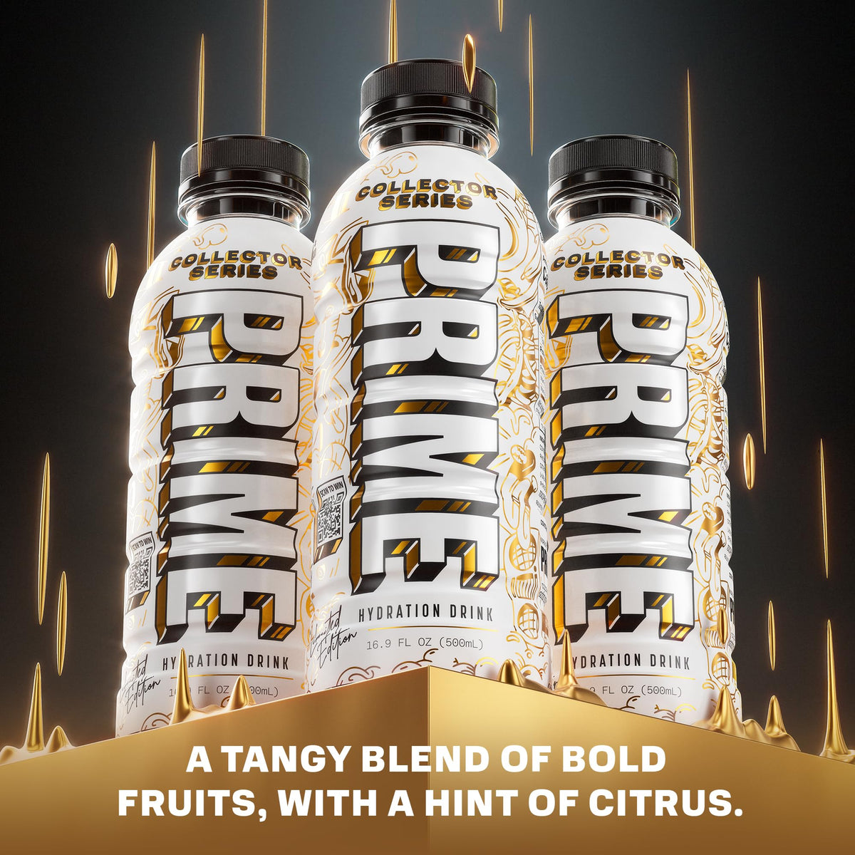 PRIME Hydration Collector Series packaging shows 250 mg BCAAs and vitamins