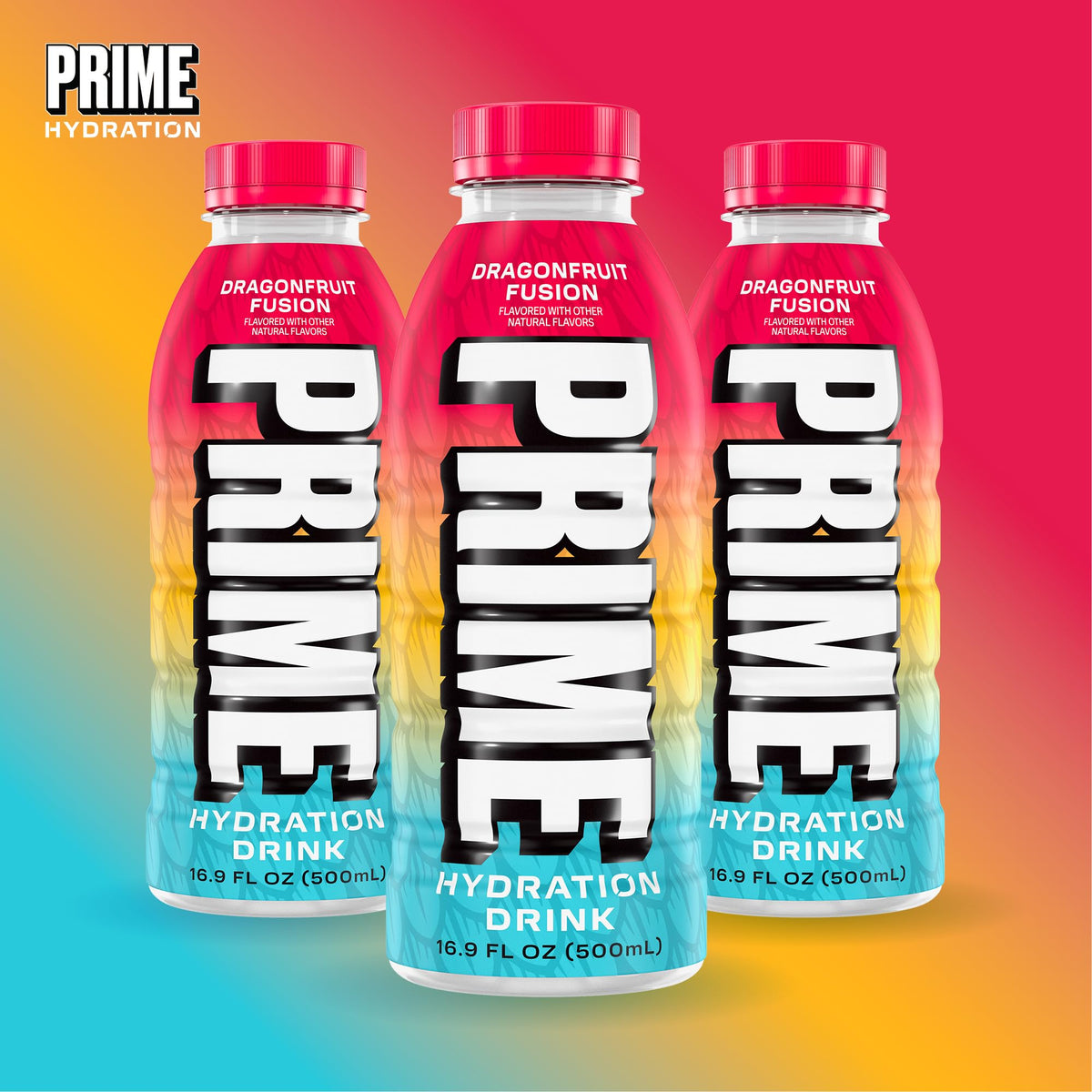 On-the-go PRIME Hydration Dragonfruit Fusion bottle in a gym bag