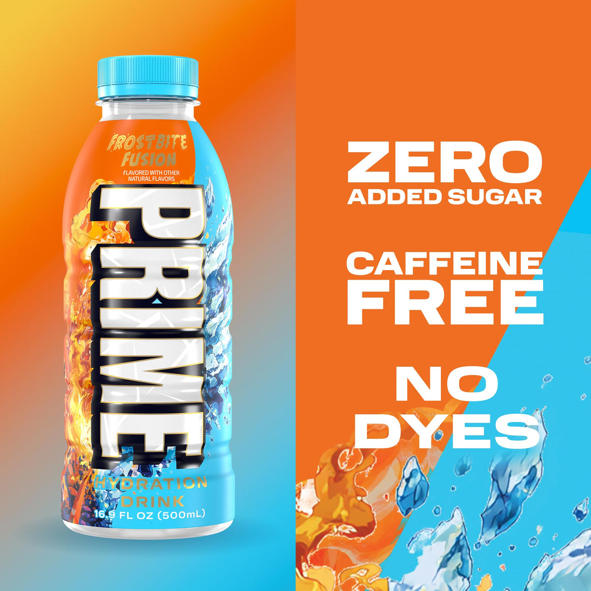 PRIME Hydration Frostbite Fusion angled view emphasizes zero added sugar.