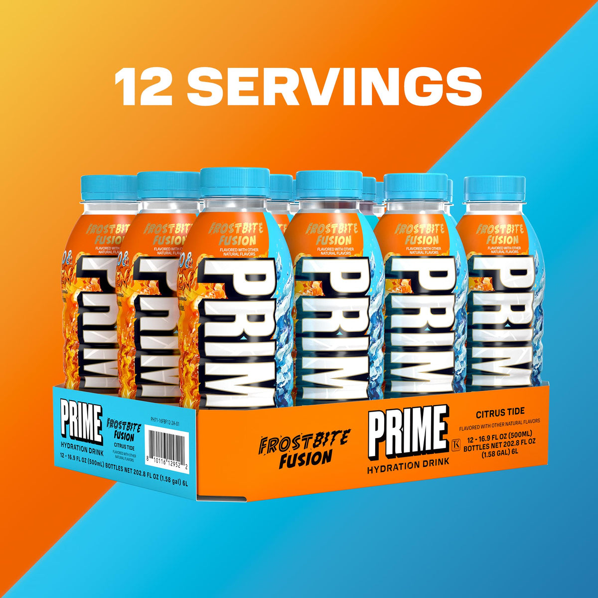 PRIME Hydration Frostbite Fusion ingredients panel communicates electrolytes and antioxidants.