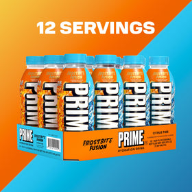 PRIME Hydration Frostbite Fusion ingredients panel communicates electrolytes and antioxidants.