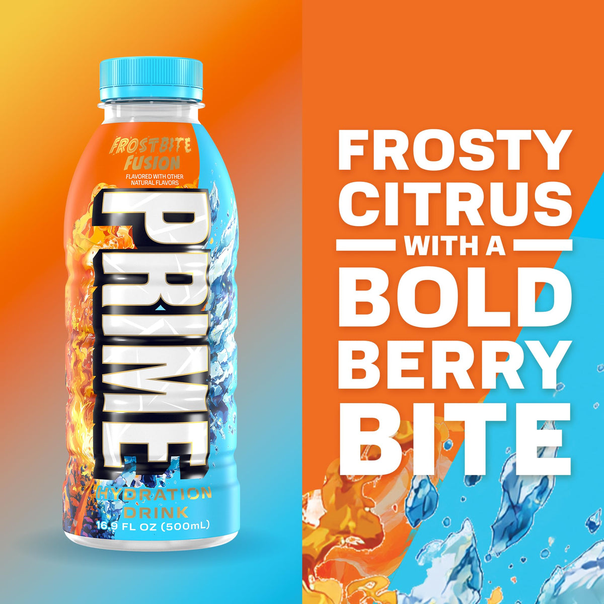 PRIME Hydration Frostbite Fusion label detail highlighting natural flavors and ingredients.