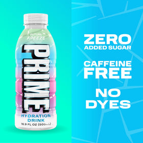 Flavor swirls of PRIME Hydration Future Freeze evoke raspberries, oranges, and limes for refreshing sip.