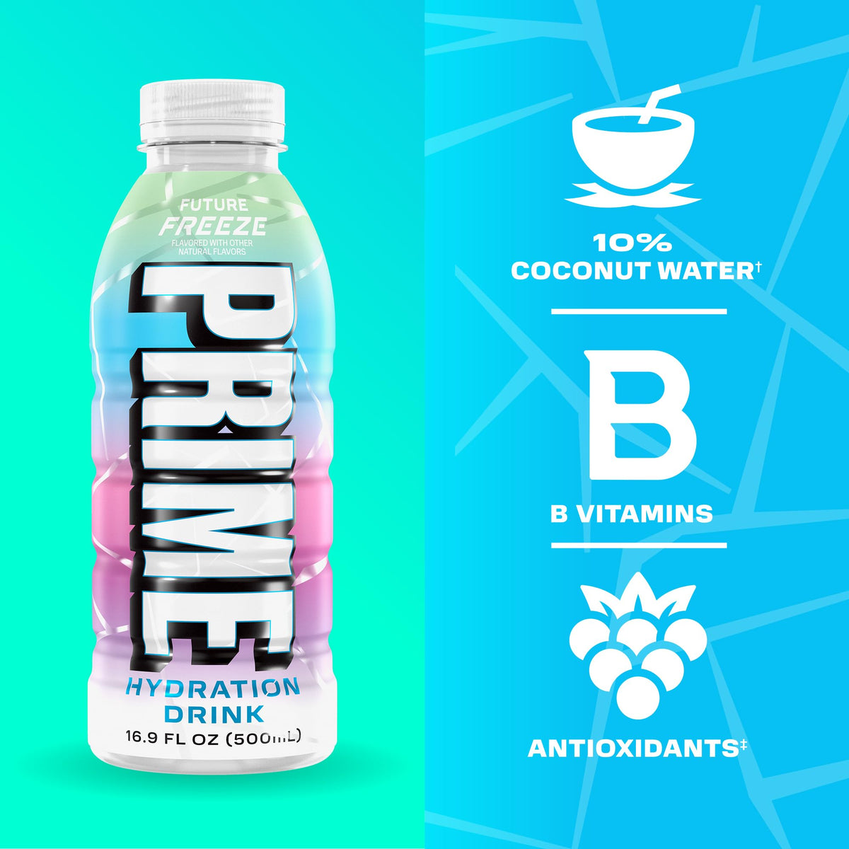 Close-up of PRIME Hydration Future Freeze label highlighting electrolytes and antioxidants.