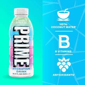 Close-up of PRIME Hydration Future Freeze label highlighting electrolytes and antioxidants.