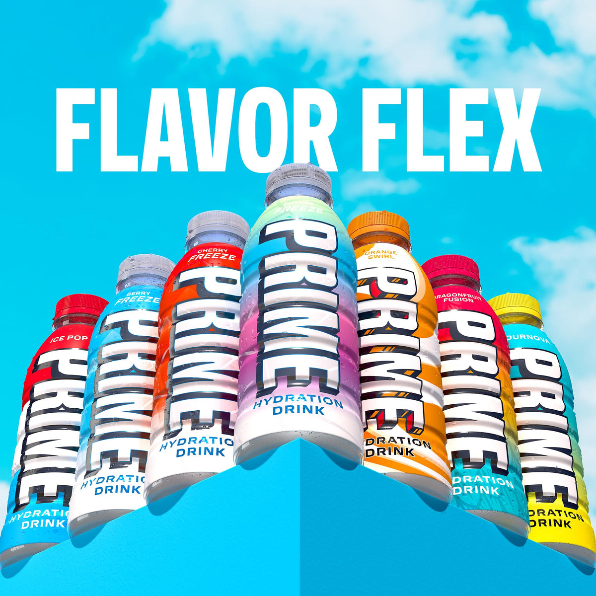 Outdoors scene with PRIME Hydration Future Freeze bottle for portable hydration on hot days.
