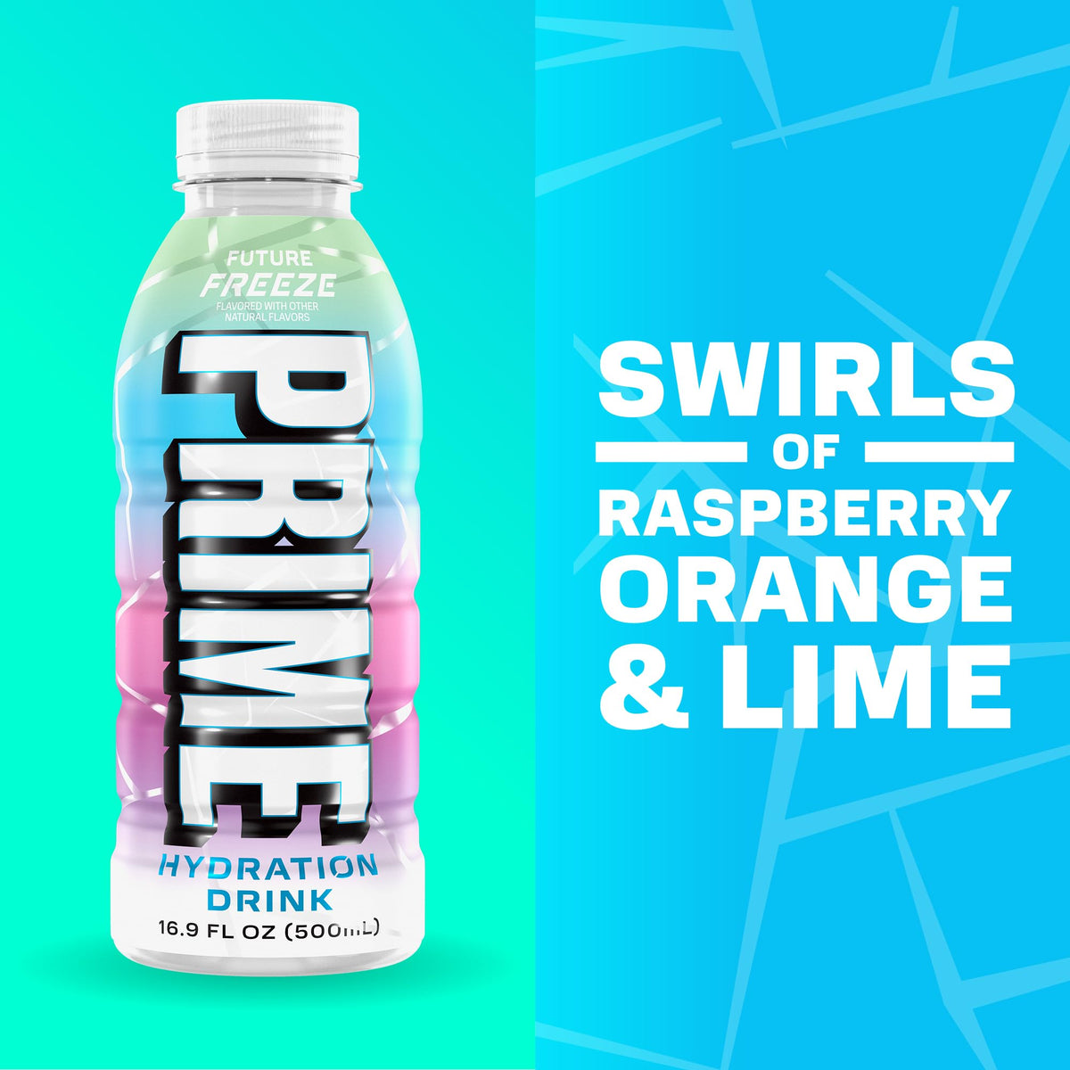 Pouring PRIME Hydration Future Freeze reveals vibrant color and zero added sugar hydration.