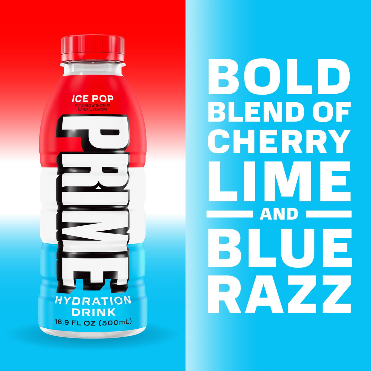 PRIME Hydration Ice Pop side view bottle captures bold flavor.