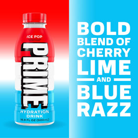 PRIME Hydration Ice Pop side view bottle captures bold flavor.
