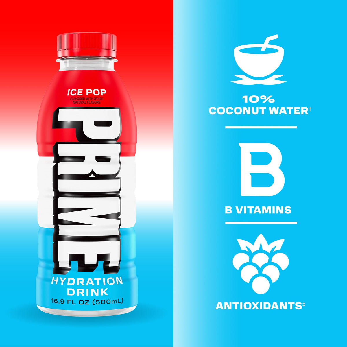 PRIME Hydration Ice Pop close-up label highlights clean ingredients.