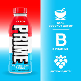 PRIME Hydration Ice Pop close-up label highlights clean ingredients.