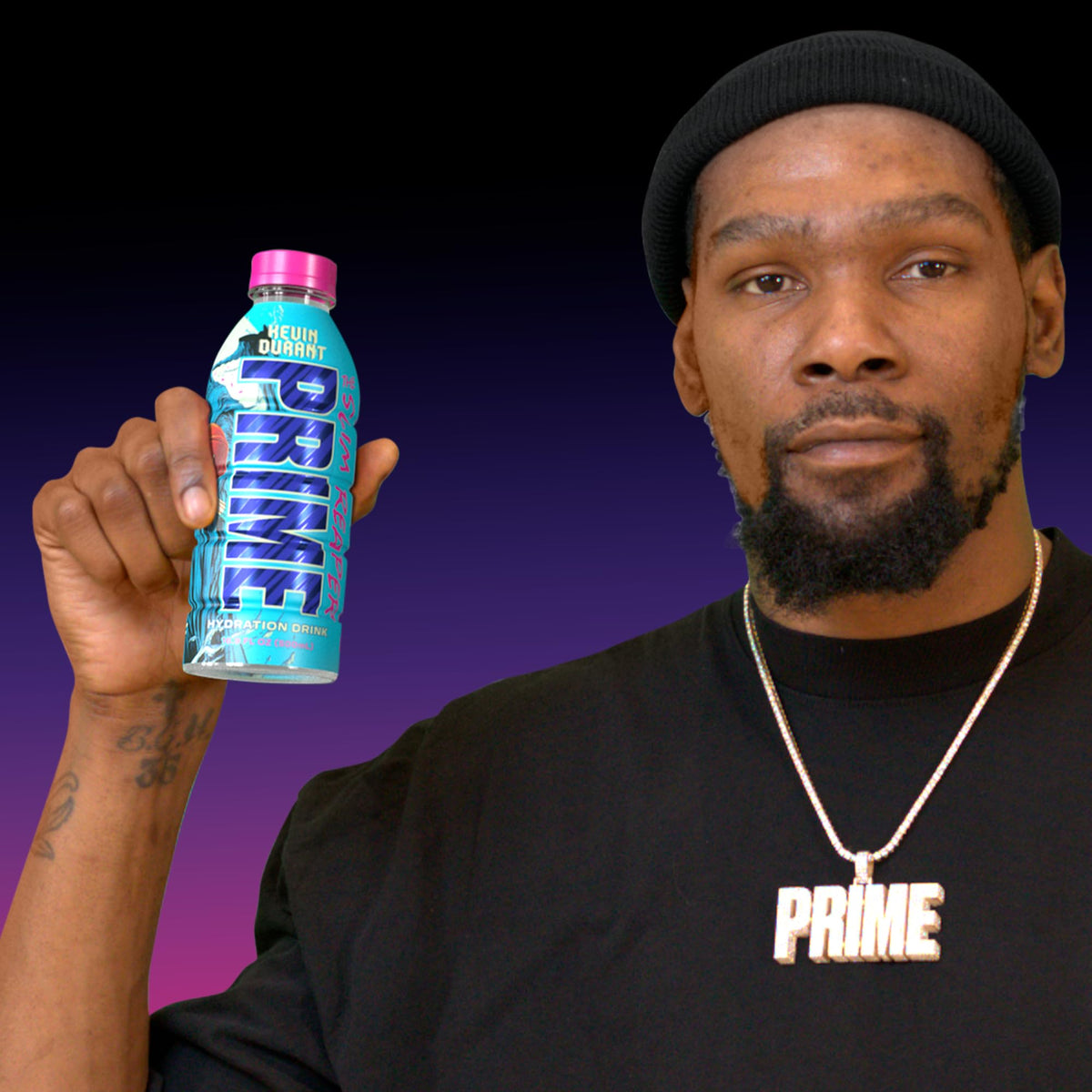 Prime Hydration KEVIN DURANT ingredients board emphasizing electrolytes and vitamins