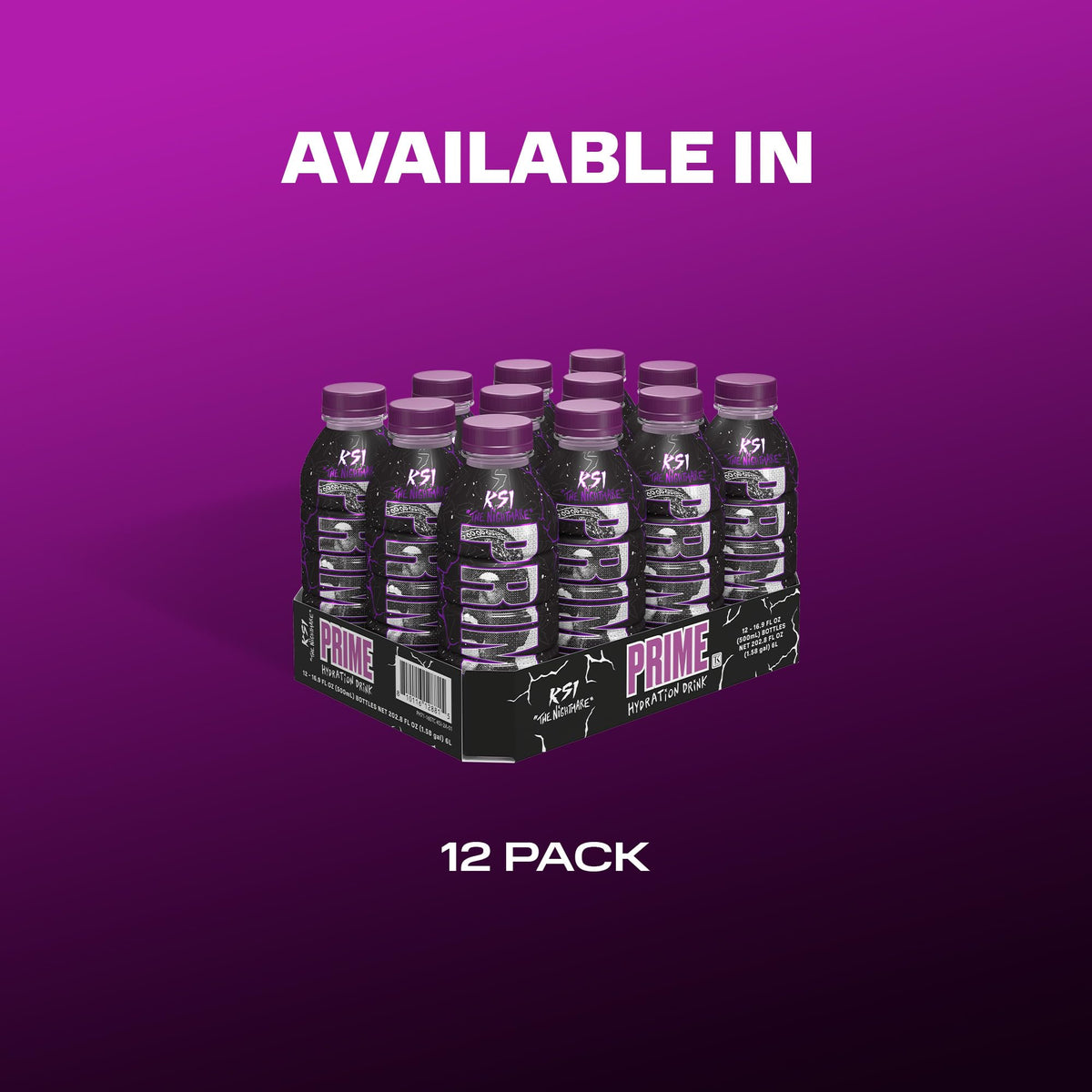 Prime Hydration KSI The Nightmare 12-pack display, low sugar hydration for daily activities