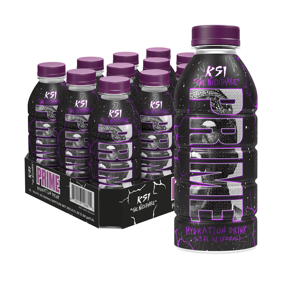 Prime Hydration KSI The Nightmare bottle front, refreshing low-sugar hydration for workouts