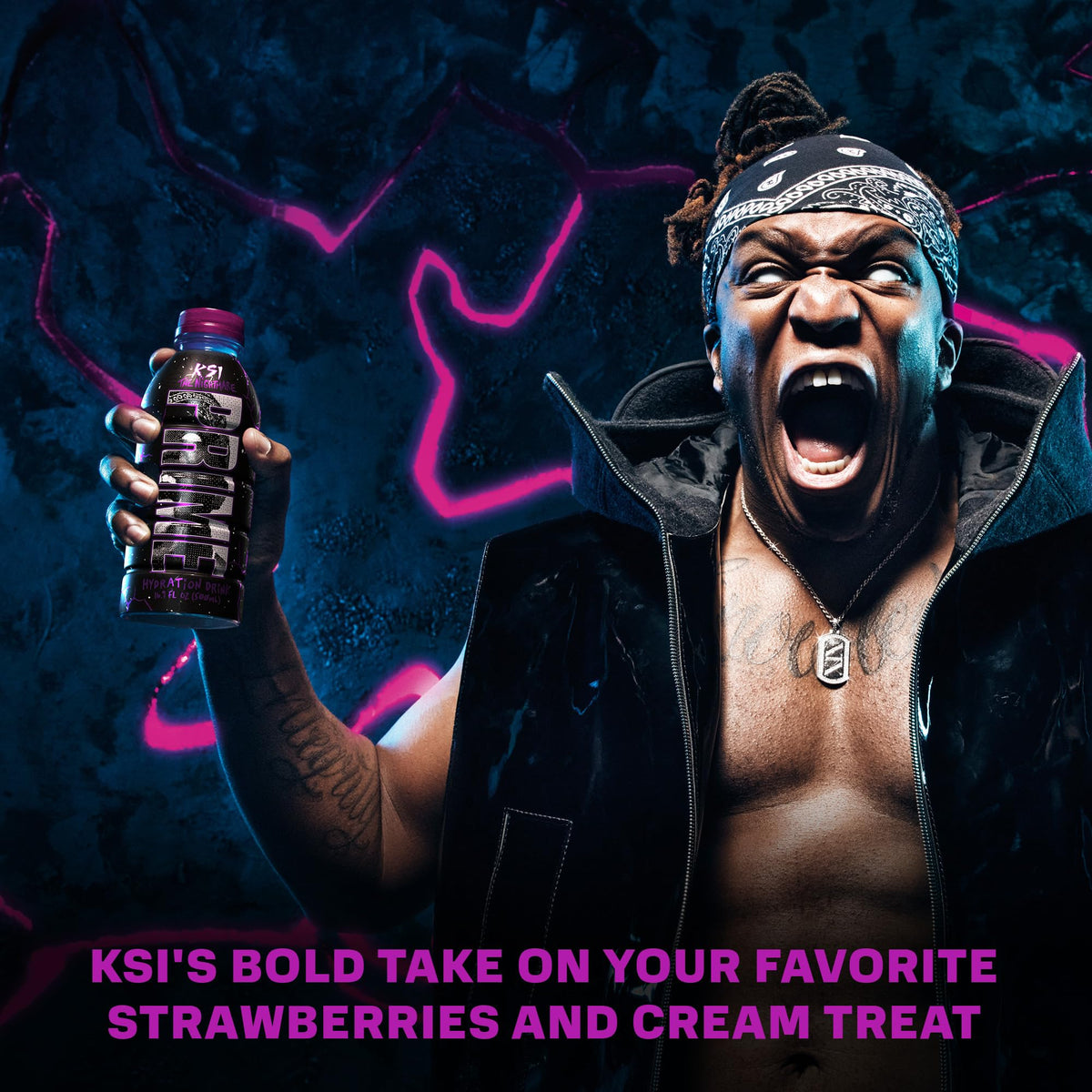 Prime Hydration KSI The Nightmare bottle side, shows electrolytes and BCAAs support fluids balance