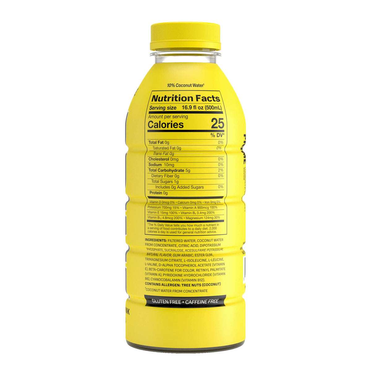 PRIME Hydration Lemonade label shows BCAAs and electrolytes information.