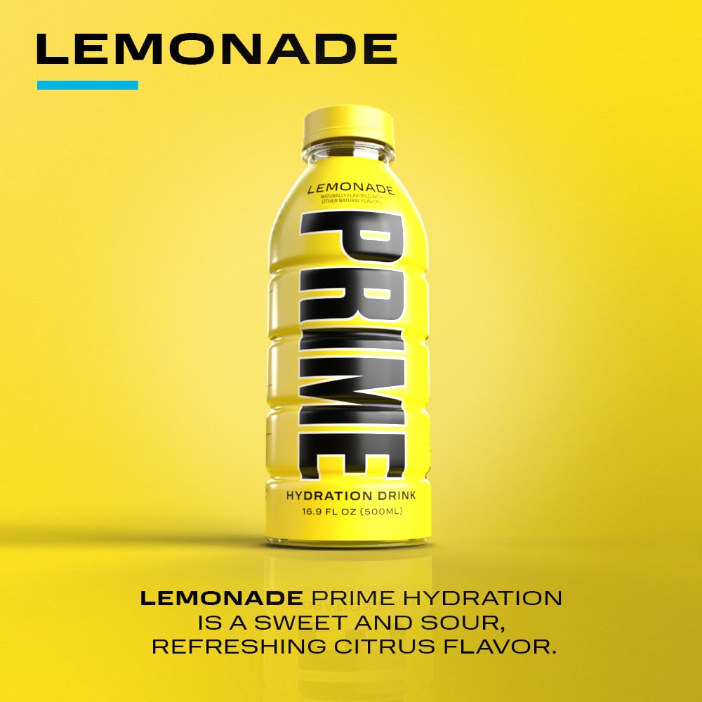 PRIME Hydration Lemonade label closeup highlights natural flavor and clean ingredients.