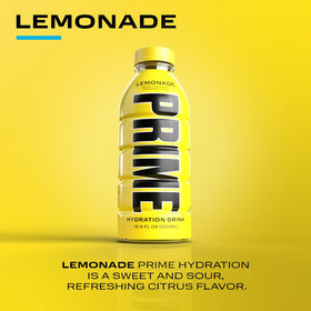 PRIME Hydration Lemonade label closeup highlights natural flavor and clean ingredients.
