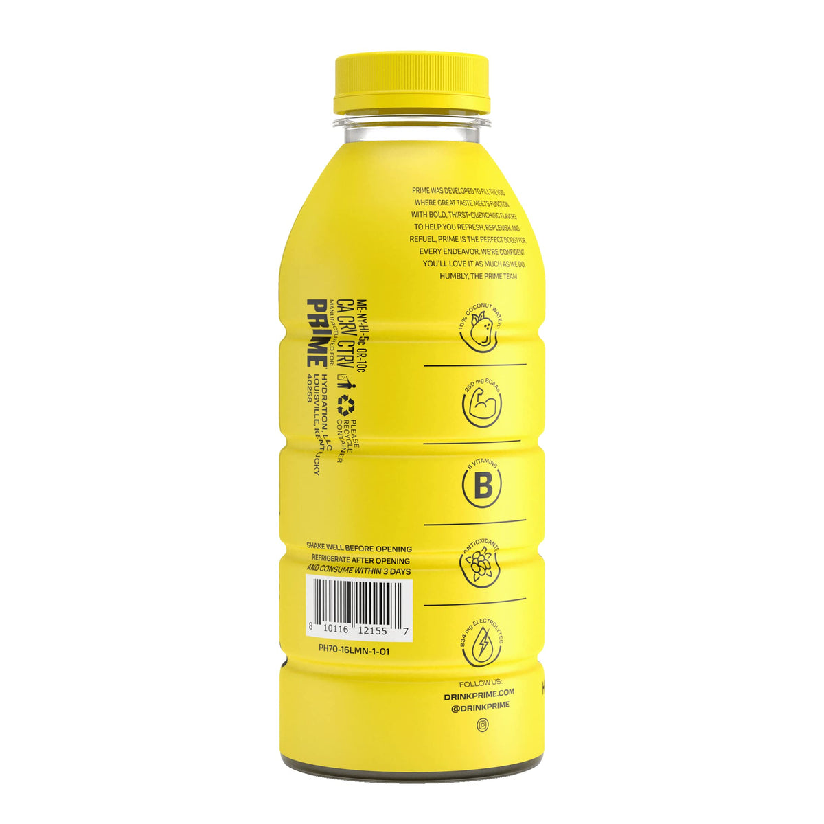 PRIME Hydration Lemonade bottle with cap emphasizes travel-friendly hydration.