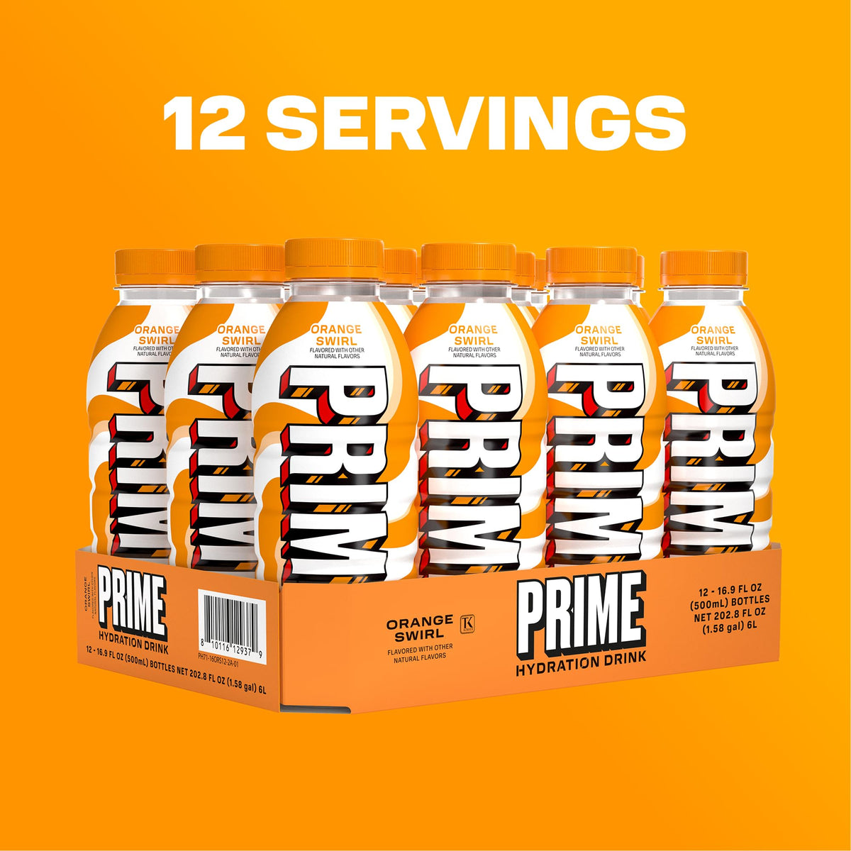 Prime Hydration Orange Swirl bottle with bright orange swirl in a lifestyle shot.