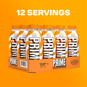 Prime Hydration Orange Swirl bottle with bright orange swirl in a lifestyle shot.
